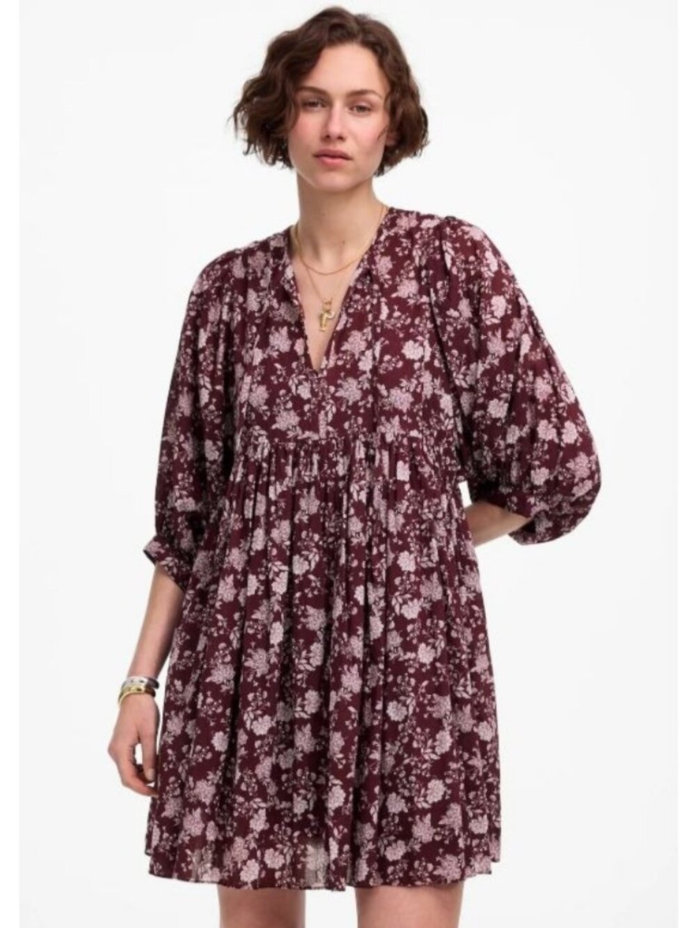 Madewell Splitneck Puff-Sleeve Dress in Fig Floral Women's Size Medium NWT!